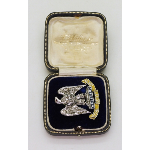 2609 - A ROYAL SCOTS GREYS SWEETHEART BROOCHmade in silver the eagle set with clear gems, with painted deta... 