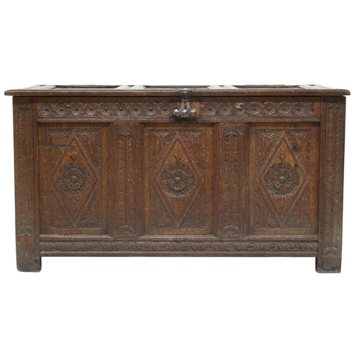 2032 - AN 18TH/19TH CENTURY OAK PANEL FRONT BLANKET CHEST rectangular panel top carved with diamond ca... 