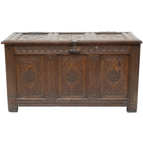 2032 - AN 18TH/19TH CENTURY OAK PANEL FRONT BLANKET CHEST rectangular panel top carved with diamond ca... 