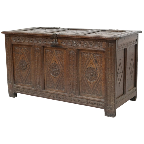 2032 - AN 18TH/19TH CENTURY OAK PANEL FRONT BLANKET CHEST rectangular panel top carved with diamond ca... 