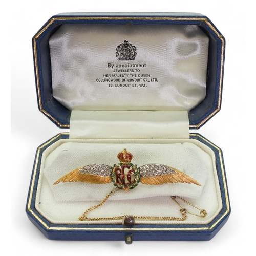 2610 - A ROYAL FLYING CORPS SWEETHEART BROOCHin 15ct gold with rose cut diamond and engraved feather wings,... 