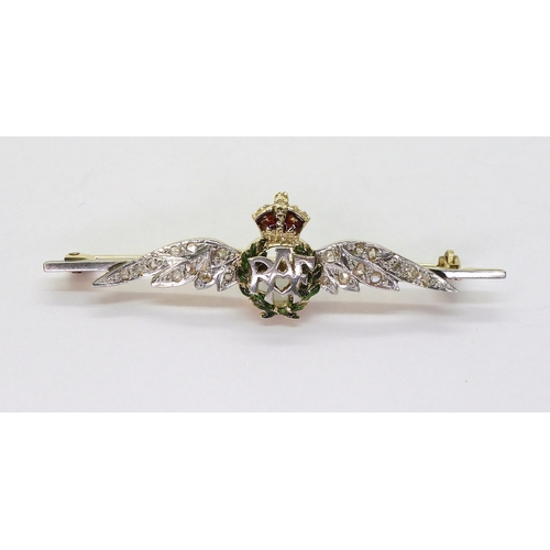 2614 - A BRIGHT YELLOW METAL RAF SWEETHEART BROOCH set with rose cut diamonds and enamel wreath and crown, ... 