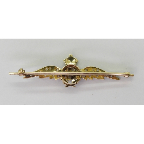 2614 - A BRIGHT YELLOW METAL RAF SWEETHEART BROOCH set with rose cut diamonds and enamel wreath and crown, ... 