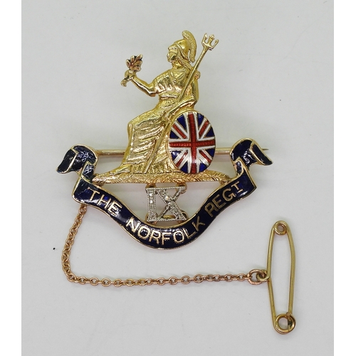 2622 - A 9th NORFOLK REGIMENT SWEETHEART BROOCHthe IX set with rose cut diamonds, Britannia sits above with... 