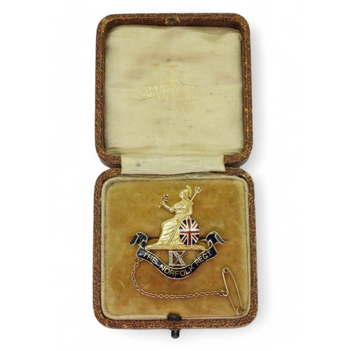 2622 - A 9th NORFOLK REGIMENT SWEETHEART BROOCHthe IX set with rose cut diamonds, Britannia sits above with... 