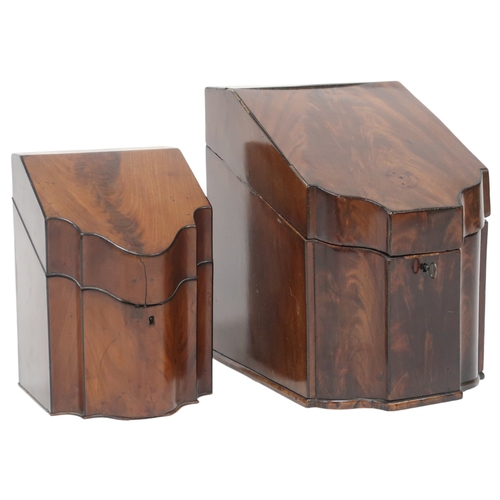 2036 - TWO GEORGE III MAHOGANY KNIFE BOXES both with serpentine fronts and interiors converted to pigeon ho... 