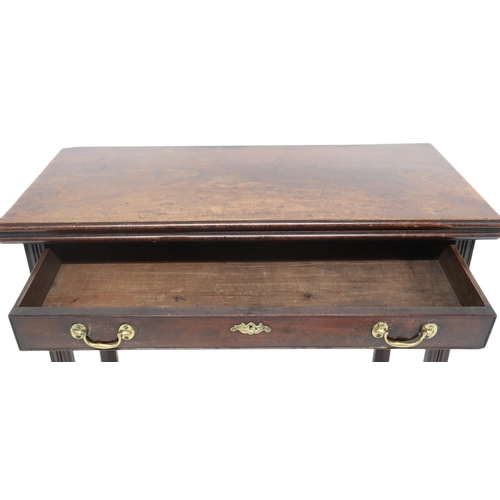 2040 - AN 18TH/19TH CENTURY MAHOGANY FOLDOVER TEA TABLE with rectangular top over single long drawer w... 