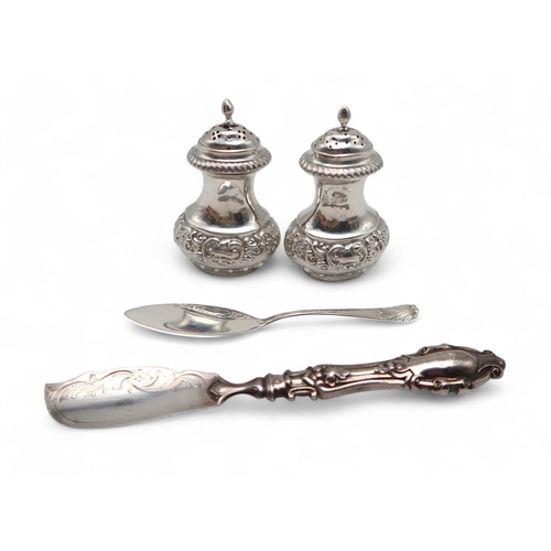 372 - A pair of silver salts, by George Nathan & Ridley Hayes, Chester, a Victorian silver fruit knive... 