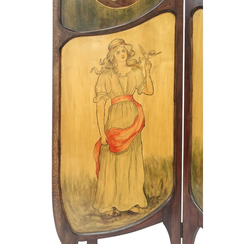 2048 - AN ART NOUVEAU  MAHOGANY SCREEN with pierced decorative tops over panels painted with cherubs bearin... 