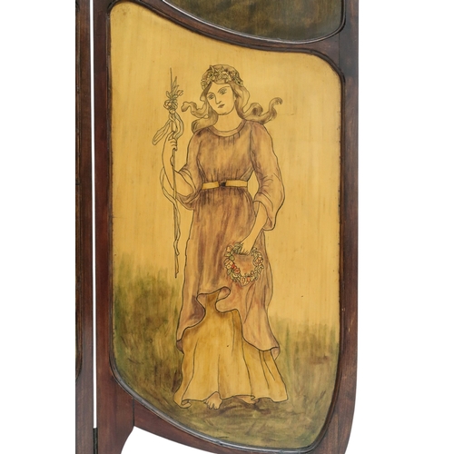 2048 - AN ART NOUVEAU  MAHOGANY SCREEN with pierced decorative tops over panels painted with cherubs bearin... 