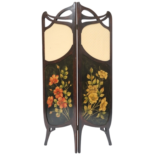 2048 - AN ART NOUVEAU  MAHOGANY SCREEN with pierced decorative tops over panels painted with cherubs bearin... 