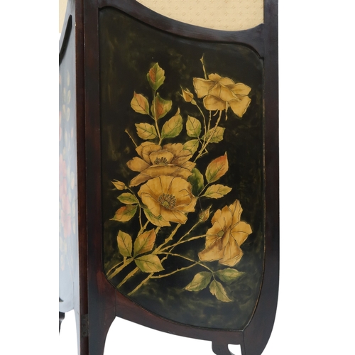 2048 - AN ART NOUVEAU  MAHOGANY SCREEN with pierced decorative tops over panels painted with cherubs bearin... 