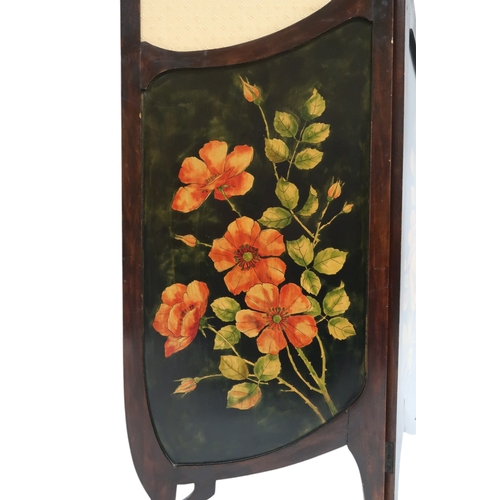 2048 - AN ART NOUVEAU  MAHOGANY SCREEN with pierced decorative tops over panels painted with cherubs bearin... 