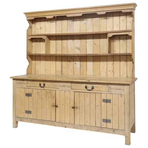 2051 - A LARGE PINE FARMHOUSE STYLE KITCHEN DRESSERconverted from an earlier larder table dresser has a lat... 