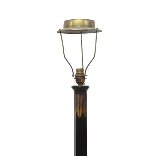 2053 - AN EARLY 20TH CENTURY BLACK LACQUER CHINOISERIE STANDARD LAMP with gilt painted hexagonal balus... 