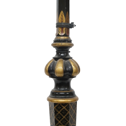 2053 - AN EARLY 20TH CENTURY BLACK LACQUER CHINOISERIE STANDARD LAMP with gilt painted hexagonal balus... 