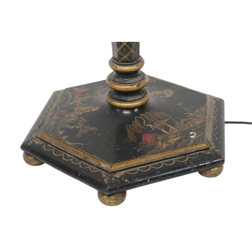 2053 - AN EARLY 20TH CENTURY BLACK LACQUER CHINOISERIE STANDARD LAMP with gilt painted hexagonal balus... 