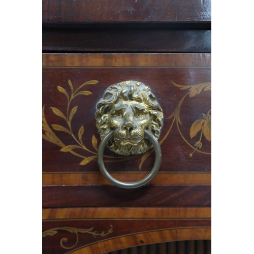 2055 - A GEORGIAN MAHOGANY AND CROSSBAND INLAID SERPENTINE FRONT SIDEBOARD with long central drawer over pa... 