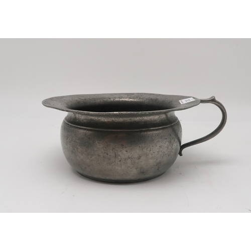 212 - An 18th century pewter chamber pot, marked HH GS to handle and with touch mark GvG under a crown and... 