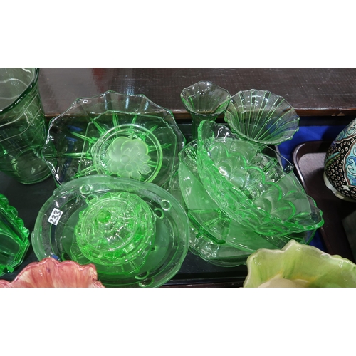 233 - A quantity of 1930's uranium glass including vases, dishes  etc