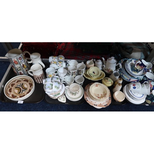 245 - Aviemore pottery dish and jugs, a pottery jug printed with floral cigarette cards, Rorstrand Pomona ... 