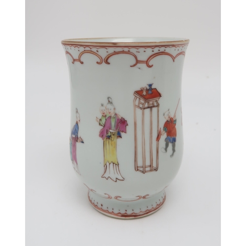 260 - A Chinese export armorial mug, a Chinese porcelain mug, two carved wooden figures of Guanyin and a r... 