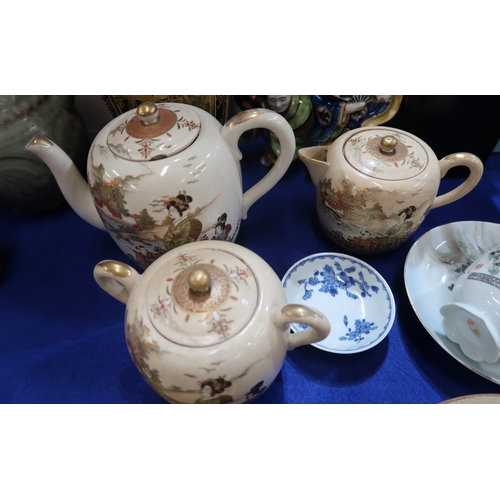 262 - A Japanese satsuma tea set decorated with Geishas, a small blue and white dish, a figure group, a bo... 