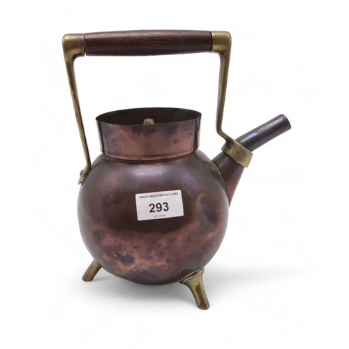 A Christopher Dresser copper and brass kettle, designed for Benham & Froud, of spherical form, with high rim collar and recessed cover, upon three  feet with wooden handle impressed marks to base,