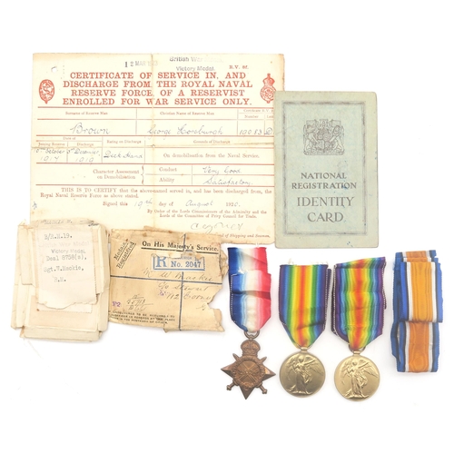 502 - A WW1 Victory Medal awarded to Deal 8758 -S- Sgt. W. Mackie, Royal Marines, retaining remnants of or... 