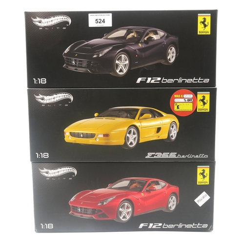 524 - Hot Wheels Elite Series 1:18-scale Ferrari F12 Berlinetta, in red and black; together with a F355 Be... 