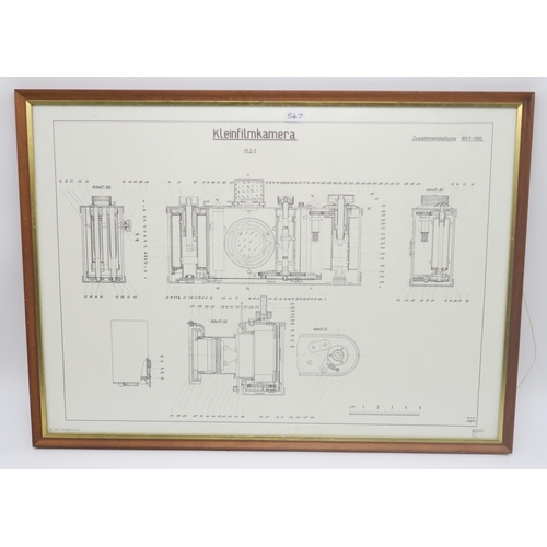 547 - Three framed Ernst Leitz Leica M3 camera diagrams, printed 1980, behind non-reflective glass, each m... 