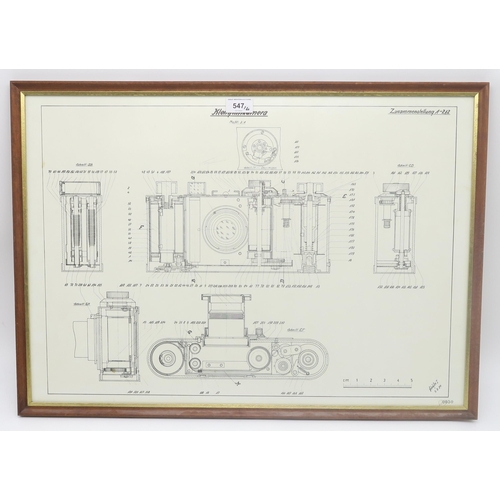 547 - Three framed Ernst Leitz Leica M3 camera diagrams, printed 1980, behind non-reflective glass, each m... 