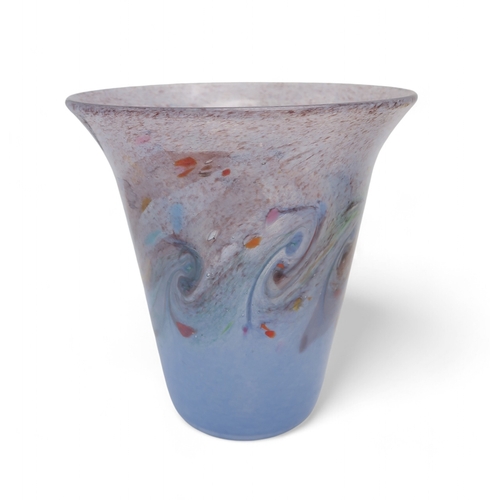 2272 - A MONART STYLE TWO HANDLED DISHin swirling blue and yellow with silver glitter inclusions, 28cm diam... 