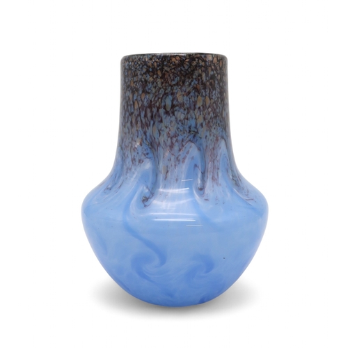 2275 - A MONART GLASS FB VASE of baluster shape with cylindrical neck, in pale blue with swirls and mo... 