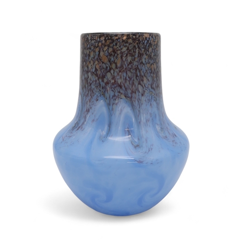 2275 - A MONART GLASS FB VASE of baluster shape with cylindrical neck, in pale blue with swirls and mo... 