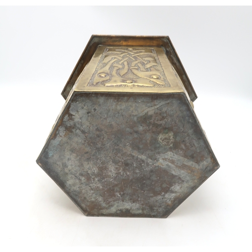 2281 - A SCOTTISH SCHOOL BRASS HEXAGONAL JARDINIEREeach panel with celtic knotwork, 25cm high, together wit... 