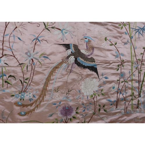 2466 - A CHINESE SILK SHAWLWoven with a exotic birds and flowering plants, 136 x 136, red panel woven with ... 