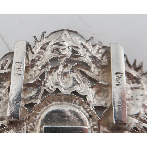 2469 - SIX CHINESE SILVER EXPORT MENU HOLDERS Cat with Shou character flanked by dragons, on a hinged brack... 