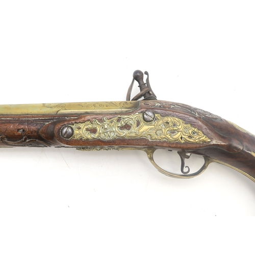 2627 - A PAIR OF 18-BORE BOHEMIAN FLINTLOCK HOLSTER PISTOLSCirca-1740, the sighted flat-topped round bronze... 