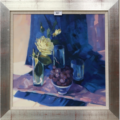 907 - HELEN M TURNER (SCOTTISH B.1937) BLACK GRAPES Oil on canvas, signed lower right, 44 x 44cm Label att... 