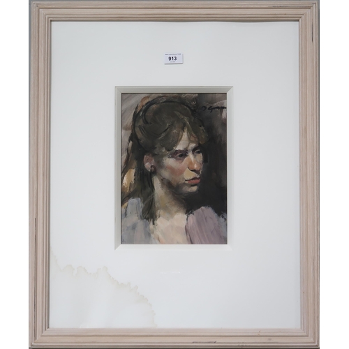 913 - DES GORMAN (SCOTTISH b.1960) PORTRAIT OF A GIRL Watercolour and acrylic on paper, signed upper right... 