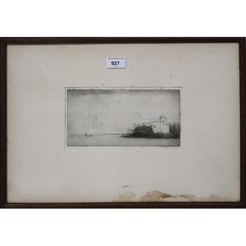 927 - JAMES MCBAY (SCOTTISH 1883-1959) FISHERMAN'S VILLAGE Etching, signed lower right, 12 x 24c... 