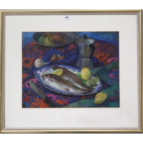 940 - FRANCIS YULE (SCOTTISH b.1928) STILL LIFE WITH SEAFOOD Pastel, signed lower right, 36 x 46... 