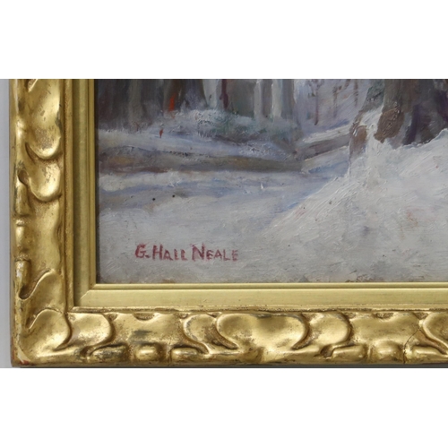 956 - GEORGE HALL NEALE (BRITISH 1863-1940) SNOWY SCENE Oil on board, signed lower left, 36 x 45... 