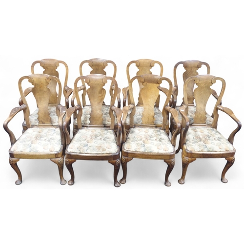 18 - A set of eight 19th century ash framed dining chairs with flat shaped splats over upholstered drop i... 