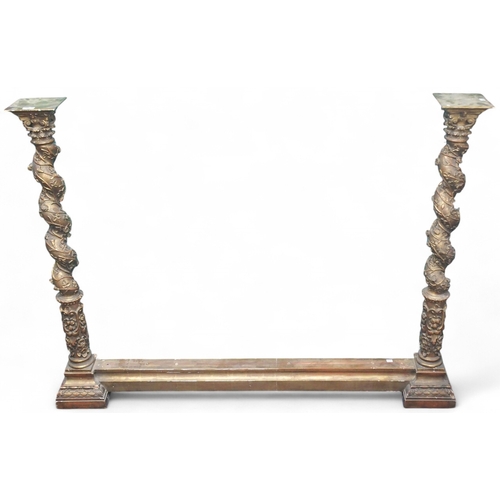 34 - A 19th century Louis XV style part bed frame with twinned baroque spiral columns joined by stepped r... 