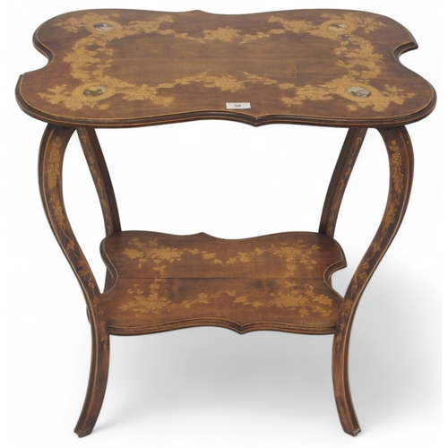 58 - An early 20th century mahogany two tier occasional table with floral inlaid shaped top with corners ... 