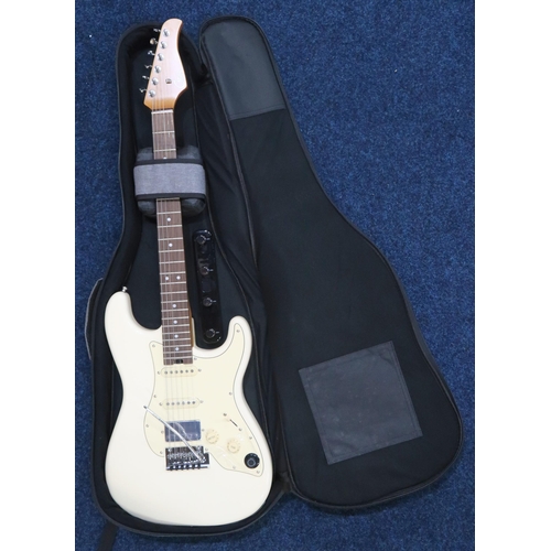 478 - Mooer Gtrs Electric Guitar, in off-white, with a 22 fret board, a whammy bar and a double cutaway bo... 