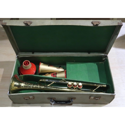 483 - A Brass Two-Tone Selmer Invicta trumpet in case, with a mouthpiece and two moulded mutes