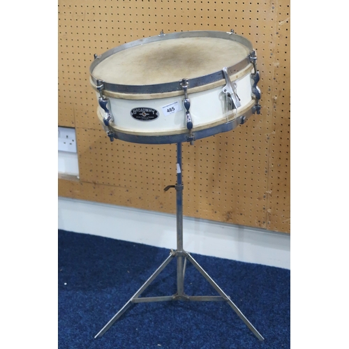 485 - A Broadway Snare Drum by John Grey & Sons, London, with a stand, two Broadway drumsticks and two... 